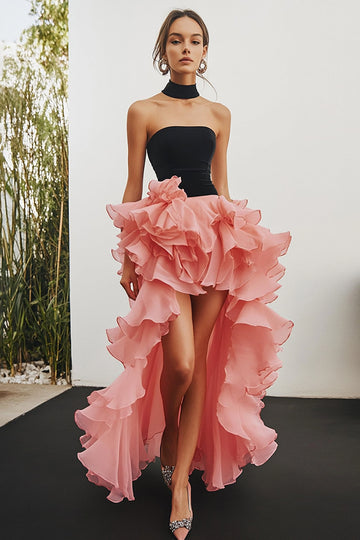 Noir Rose Sans Bretelles Haut-Bas Robe Longue Formelle à Volants
